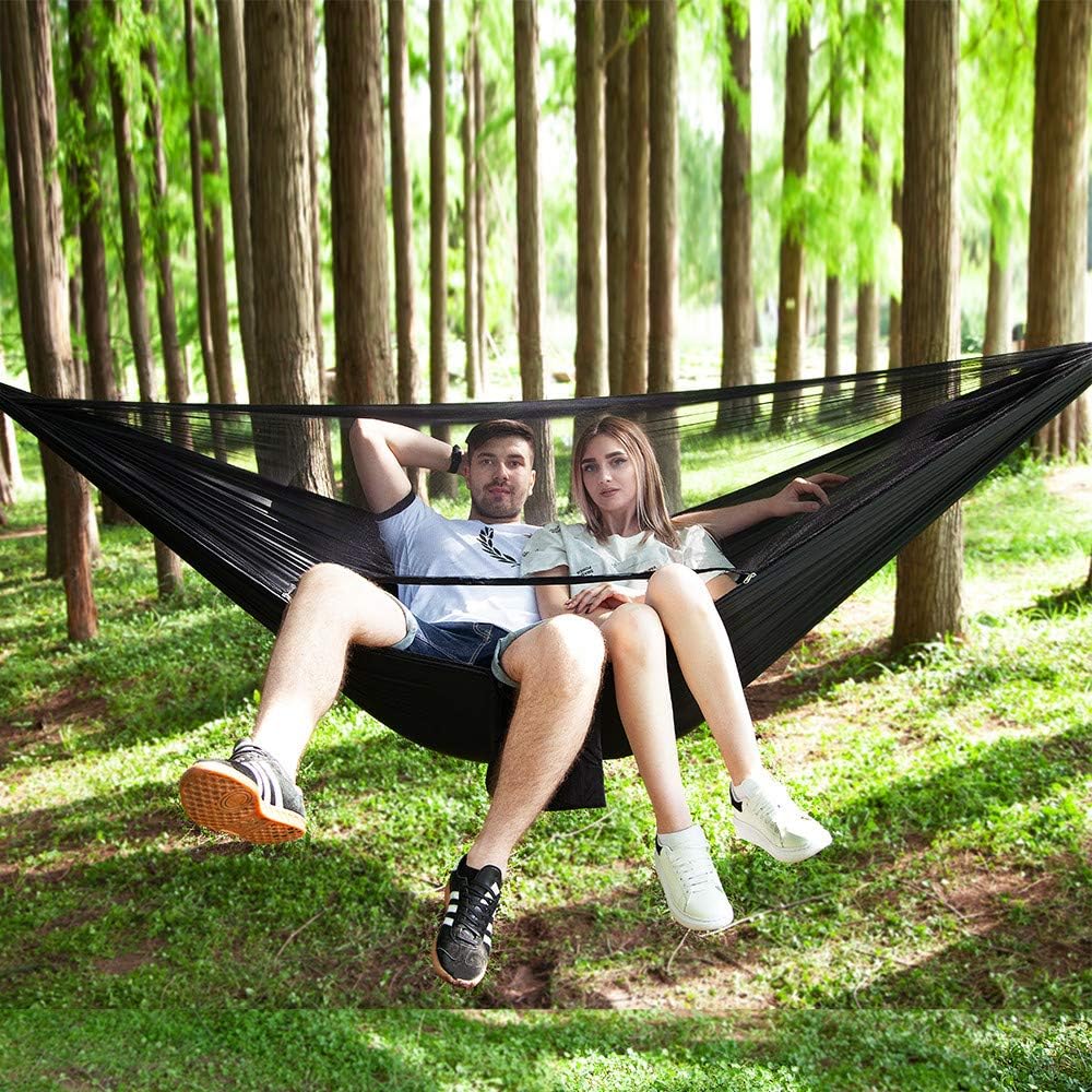 Camping Hammock with Rain Fly Tarp Mosquito Net Heavy Duty Tree Straps Portable Double Parachute Hammocks Tent Waterproof Rainfly Set Black