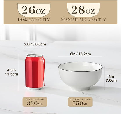 MALACASA Porcelain Soup Bowls, White Ceramic Cereal Bowls for Kitchen, Dishwasher and Microwave Safe, Series Regular 26Oz
