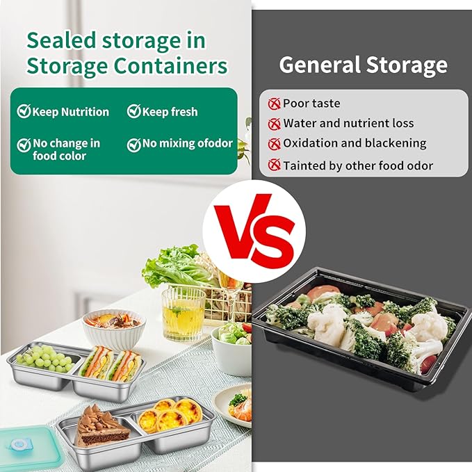 3 Pack Leakproof Stainless Steel Snack Containers with Secure Sealed Lids, Reusable 2 Compartment Bento Boxes for Lunch Prep, Travel, School & Office Stainless Steel Lunch Box