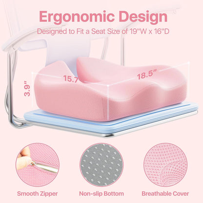 Seat Cushion, Extra Large Memory Foam Cushion for Office Chair Cushions, Ergonomic Cushions Pad Pillow for Pressure Relief Sciatica & Pain Relief for Long Sitting, Pink