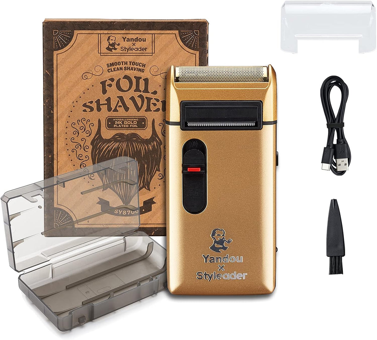 Retro Electric Razors for Men with Beard Trimmer, Rechargeable Mens Titanium- Plated Foil Shavers, Strong Power (Gold)