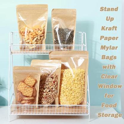 150-pack 4.7” x 7.9” Stand Up Kraft Paper Mylar Bags with Clear Window Resealable Foil Pouches for Food Storage Smell Proof Edible Packaging Bag for Small Business, Bulk