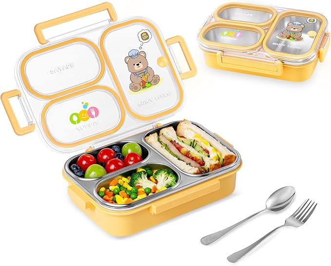 Stainless Steel Bento Lunch Box for Kids, 26.4 oz Leak-Proof 3-Compartment Metal Bento Box, BPA-Free, Cute Cartoon Meal Prep Snack Container with Utensils for School, Office, Travel - Yellow