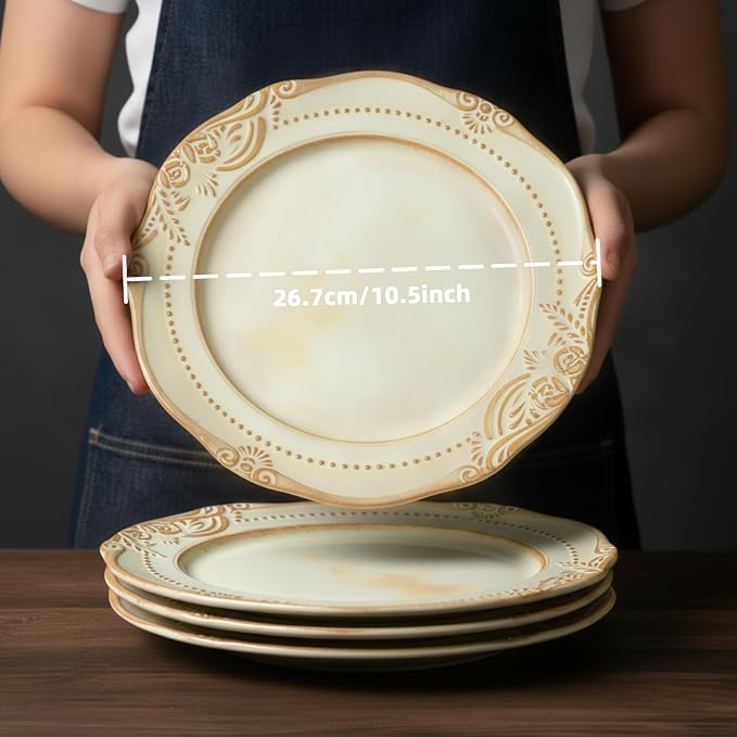 Ceramic Flat Plates Set of 4, 10.5 inch Reactive Glaze Stoneware Dish Set