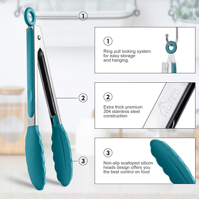 HOTEC Premium Stainless Steel Locking Kitchen Tongs with Silicon Tips, Set of 2-9" and 12", Turquoise