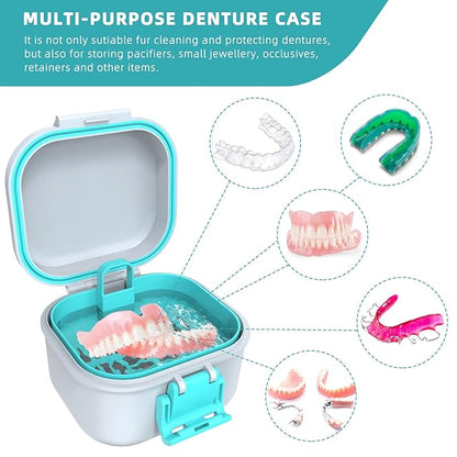 ARGOMAX Leak Proof Denture Bath Cup, Portable Soaking Denture Box, Denture Bath Case with Strainer, for Dentures and Braces (White + Cyan).