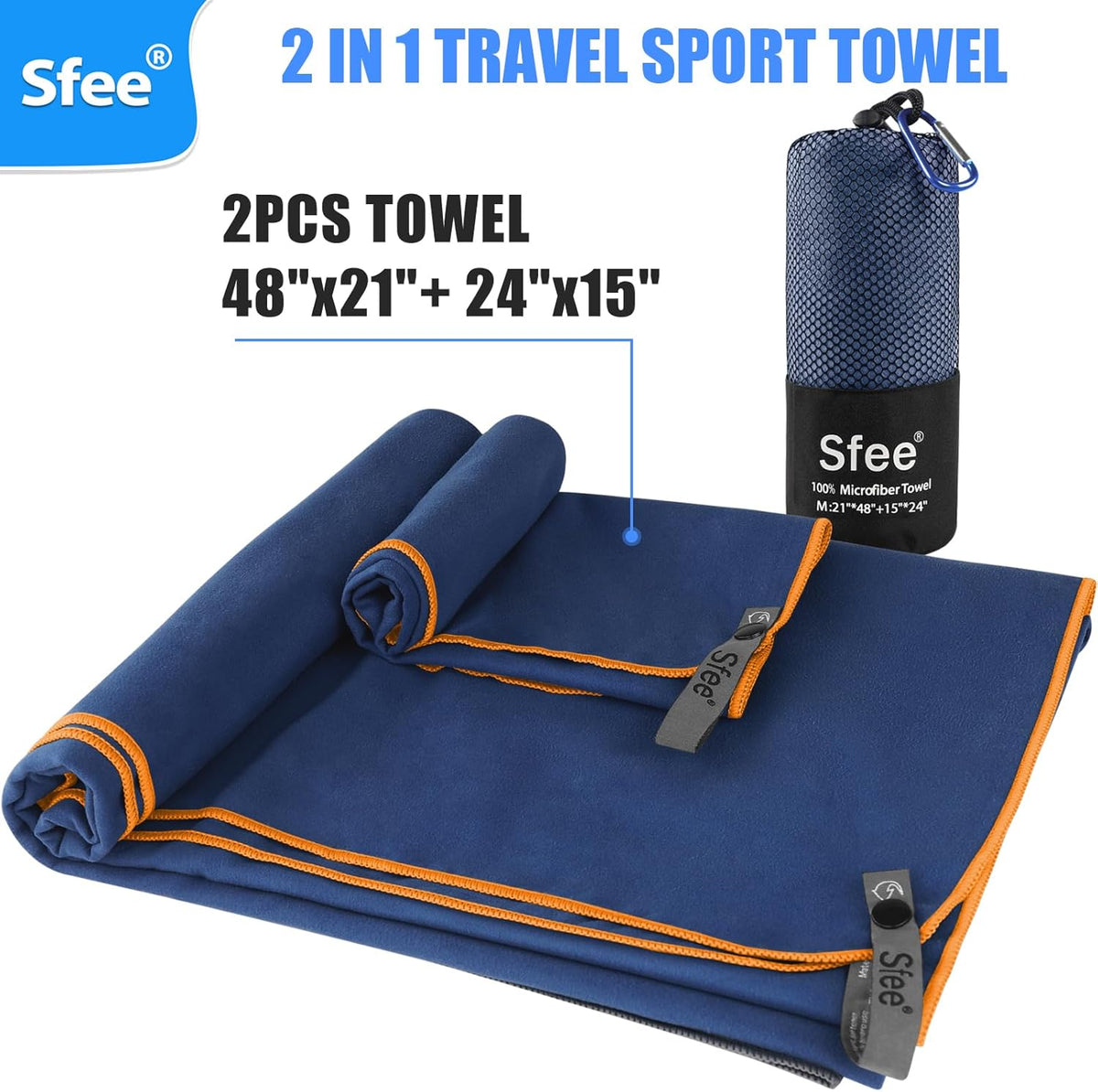 Sfee 2 Pack Microfiber Travel Towel, Quick Dry Towel Camping Towel Super Absorbent Compact Lightweight Sports Towel Swim Gym Beach Towels Set for Gym, Hiking, Pool, Backpacking, Bath, Yoga