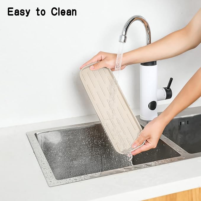 Silicone Kitchen Sink Organizer Tray for Multiple Usage,Eco-Friendly Sponges Holder for Kitchen Bathroom Counter or Sink,Dish Soap Dispenser,Scrubber,Bottle,Cup (Tapioca, 12"×4")