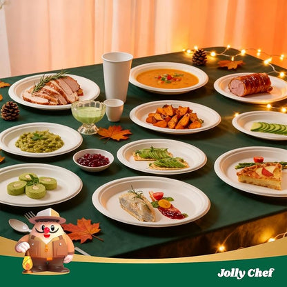 JOLLY CHEF Compostable Heavy Duty Plates 𝟭𝟬 𝗜𝗻𝗰𝗵 [𝟱𝟬𝟬 𝗣𝗮𝗰𝗸] Eco-Friendly Disposable White Paper Plates Made of Bagasse Biodegradable Bulk for Party Dinner Sugarcane Thanksgiving Day