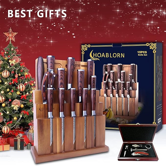 Damascus Knife Block Set 15PCS Kitchen Knife Set with Block Premium Chef Knife Stainless Steel,Japanese Kitchen Knife, with Exrtra Cutting Board Wine Corkscrew Set