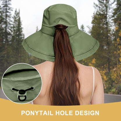 Sun Hats for Women Wide Brim Ponytail UV Protection Beach Hat Packable Waterproof Bucket Hat for Travel Hiking Gardening
