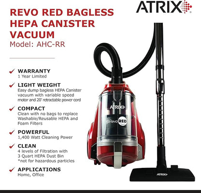 Atrix AHC-RR Revo Red Canister Vacuum Bagless