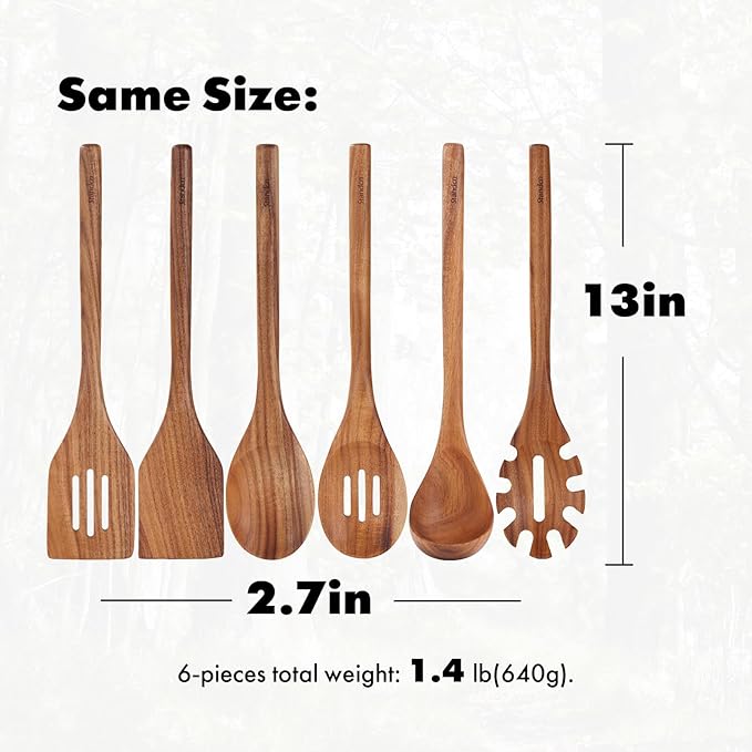 Acacia Wood Utensils Set - 6 Piece Handmade Wooden Spoons for Cooking, Natural Acacia Wood Kitchen Utensils for Non-stick Cookware, Turner, Serving Spoon, Slotted Spoon, Soup Ladle, Spaghetti