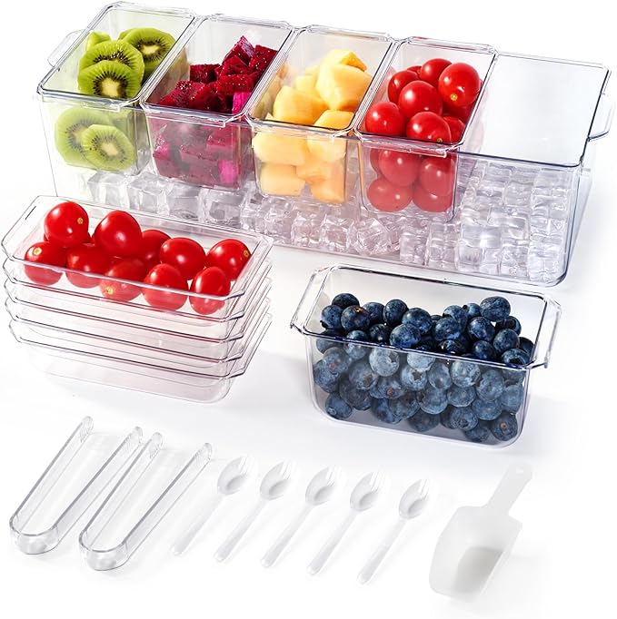 Chilled Condiment Tray Server with 5 Containers and Removable Compartments, Large Ice Chilled Condiment Organizer, Clear Garnish Serving Platter for Fruit, Salad, Food, Bar Accessories