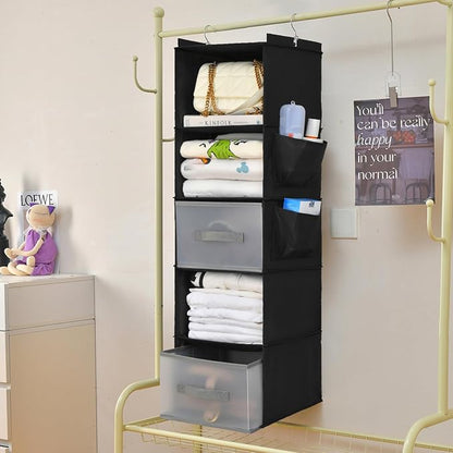 5-Layer Suspended Fabric Shelf Organizer, Equipped with 2 Sturdy Hooks, 2 Separate Drawers, and Foldable Hanging Storage (Black)
