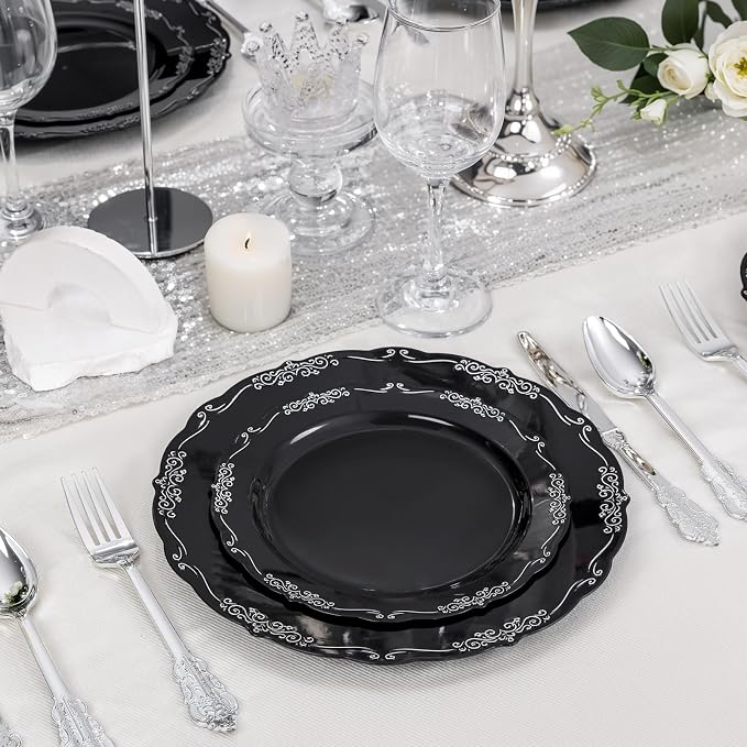 DaYammi 60PCS Black and Silver Plastic Plates, Heavy Duty Black and Silver