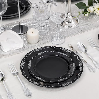 DaYammi 60PCS Black and Silver Plastic Plates, Heavy Duty Black and Silver