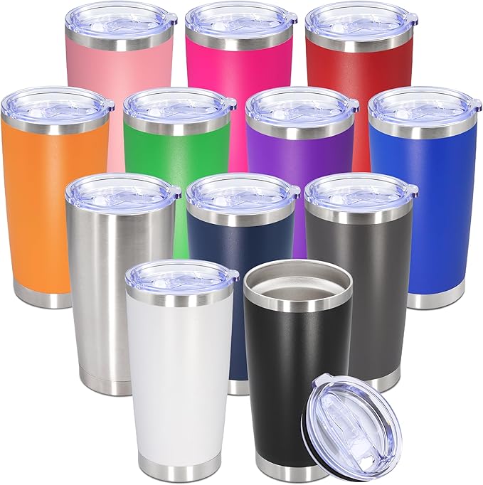 20oz Tumbler Bulk Stainless Steel Tumbler Cup with Lid Vacuum Insulated Double Wall Travel Mug, Durable Powder Coated Travel Coffee Tumbler Mug for Hot & Cold Drinks, Mix,12 Pack