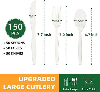100% Compostable Cutlery Set,150pcs (50 Forks,50 Spoons,50 Knives) Disposable Cornstarch Utensils Heavy Duty BPI Certified Eco-Friendly Party Supplies No Plastic, Ivory White