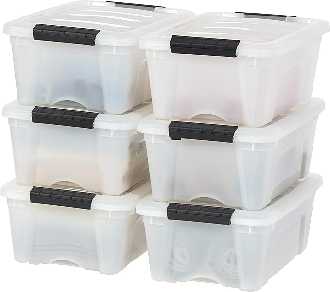 IRIS USA 13 Qt Stackable Plastic Storage Bins with Lids, 6 Pack - BPA-Free, Made in USA - Discreet Organizing Solution, Latches, Durable Nestable Containers, Secure Pull Handle - Pearl