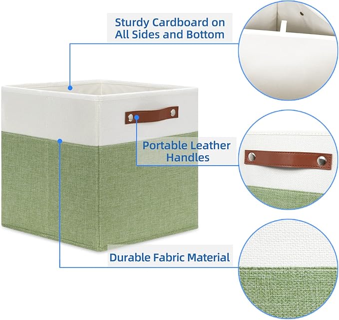 Temary 12 Inch Fabric Storage Cubes Storage Bins with Leather Handles, 4 Pack Cube Baskets Bins for Organizing Closet, Foldable Cloth Baskets for Shelves (White&Green)