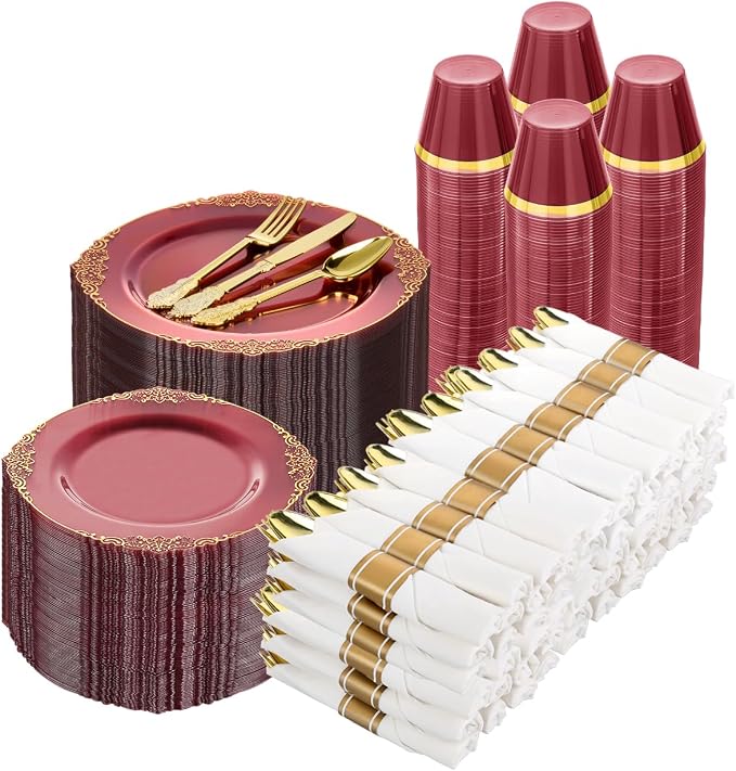 Bestluck 700PCS Burgundy Disposable Dinnerware