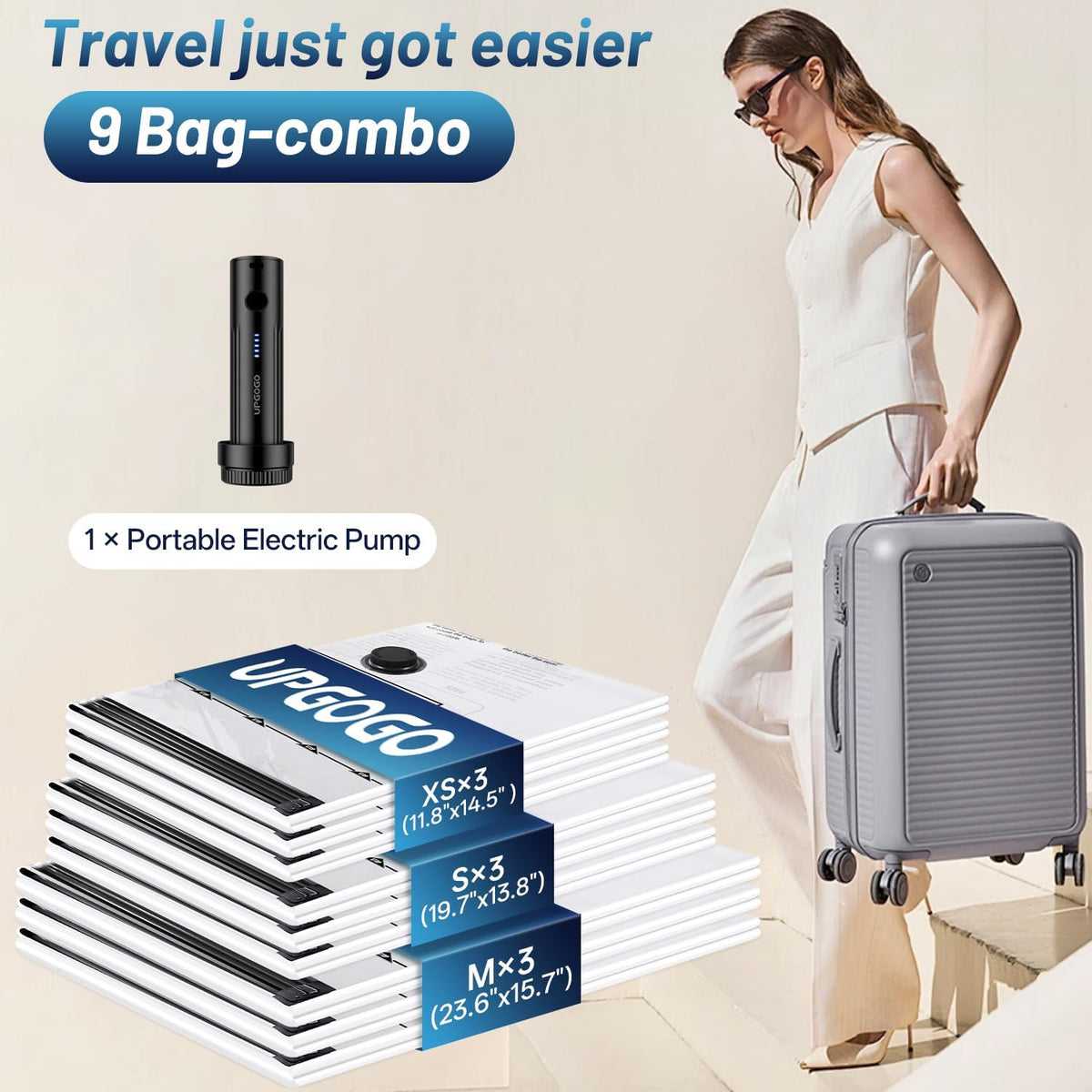 Travel Vacuum Bags for Luggage with Portable Electric Pump,Vacuum Seal Bags for Clothing,Packing Cubes Compression,Cruise Ship and Travel Essentials(Combo 9 Pack)
