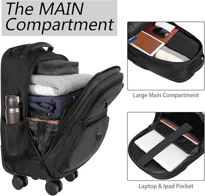 MATEIN Rolling Backpack with 4 Wheels, 17 inch Roller Travel Laptop Backpack for Women Men, Large Water Resistant Business Wheeled Bag, Airline Approved Carry on Luggage Suitcase Bag, Black