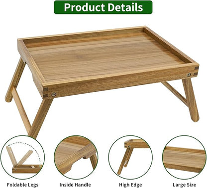 VaeFae Acacia Bed Table Tray, Wooden Breakfast Tray with Folding Legs, Bed Tray for Eating and Laptop, Eating Trays for Bedroom, (2 Pack)