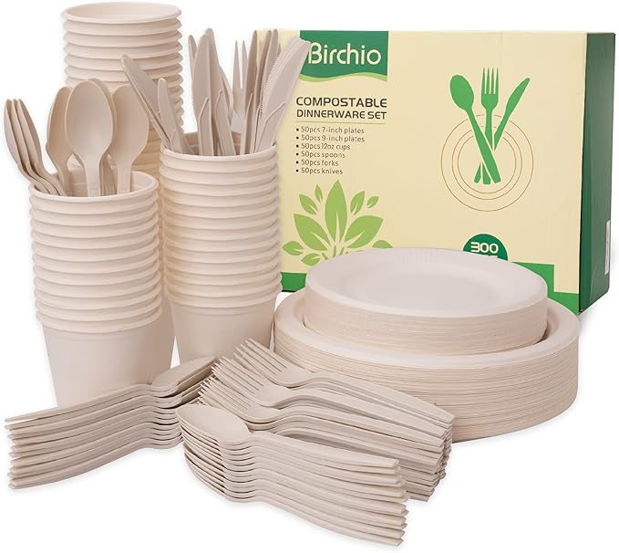 300 Piece (50 Sets) Biodegradable Paper Plates Set (EXTRA LONG UTENSILS), Disposable Dinnerware Set, Eco Friendly Compostable Plates & Utensil include Plates, Cups, Forks, Knives and Spoons