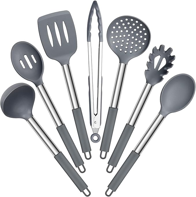 E-far Silicone Cooking Utensils Set, 7 Pcs Heat Resistant Kitchen Utensils with Stainless Steel Handle, Slotted Turner, Spoon, Soup Ladle, Pasta Server, Skimmer, Tongs for Nonstick Cookware, Gray