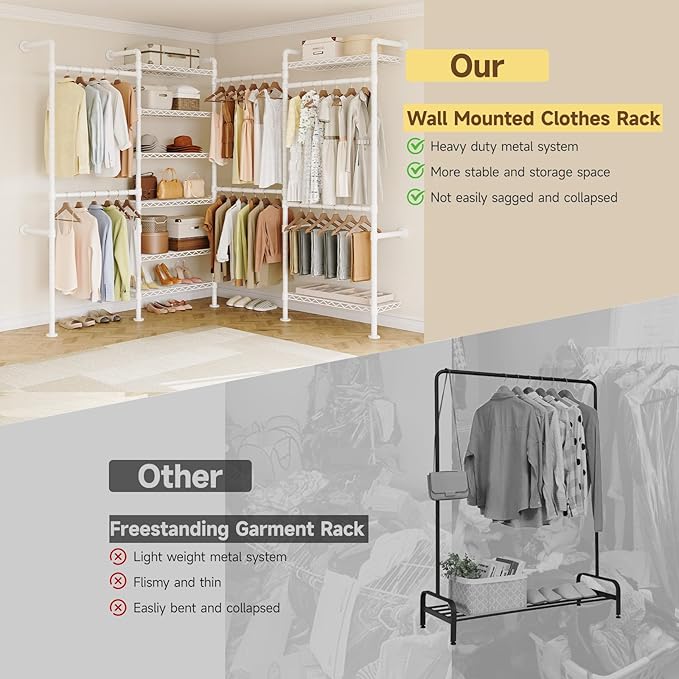 ONBRILL L4 Wall Mounted Industrial Pipe Clothing Rack, Closet Organizer System with 6 Hanging Clothes Rods ( 4 Expandable Rods) & 8 Shelves, Heavy Duty Corner Garment Rack, Large Wardrobe - White