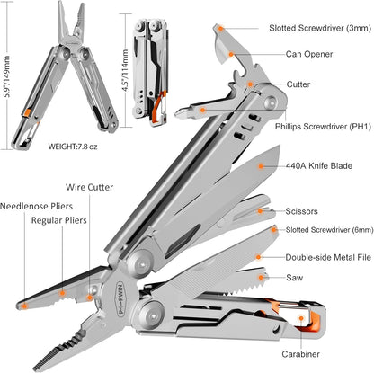 Multitool Stainless Steel Multi-Tool Pliers 13-in-1 with Sheath, Safe Locking, Carabiner, Professional Pocket Tools for Fishing & Camping