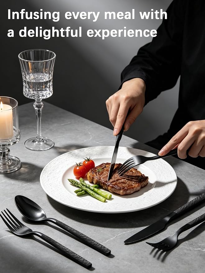 Black Silverware Set for 8 Modern Square Flatware Set Stainless Steel 32 Piece