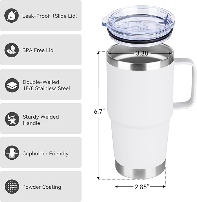 20oz Tumbler with Handle & Lid, Insulated Stainless Steel Travel Mug, Leakproof Cup for Coffee & Tea, BPA-Free Double-Wall Vacuum Tumblers for Hot/Cold Drinks, Commuter, Gym, Office, White 1 Pack