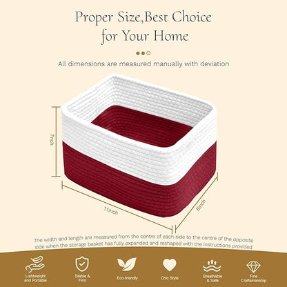 Hopegiver Woven Storage Baskets 11x8x7 Inch, 3 Pack Collapsible Cube Storage Bin for Shelves - Foldable Cotton Rope Organizer Bins for Towels, Toys, Books, Closet, Nursery (White Red)