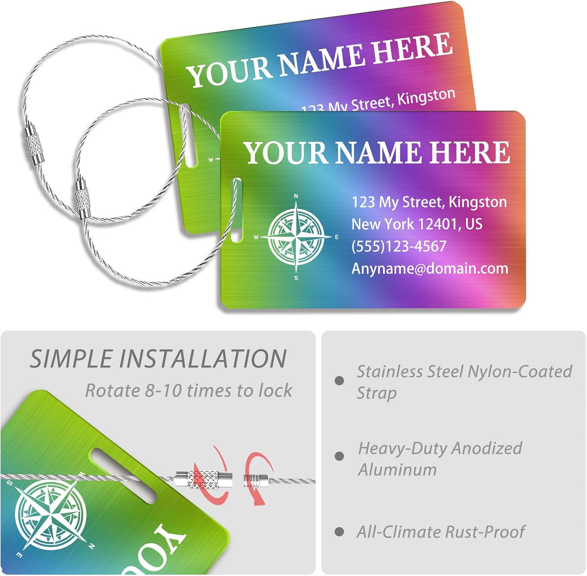 Personalized Luggage Tags for Suitcases (2/4/6/8 Pack) - Custom Engraved Metal Travel Tag, Customizable Pattern/Name/Text for Bags Backpacks Suitcases
