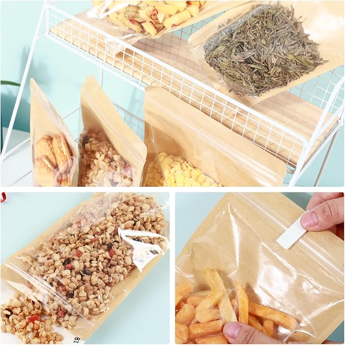150-pack 4.7” x 7.9” Stand Up Kraft Paper Mylar Bags with Clear Window Resealable Foil Pouches for Food Storage Smell Proof Edible Packaging Bag for Small Business, Bulk
