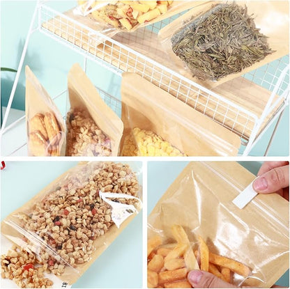 150-pack 4.7” x 7.9” Stand Up Kraft Paper Mylar Bags with Clear Window Resealable Foil Pouches for Food Storage Smell Proof Edible Packaging Bag for Small Business, Bulk