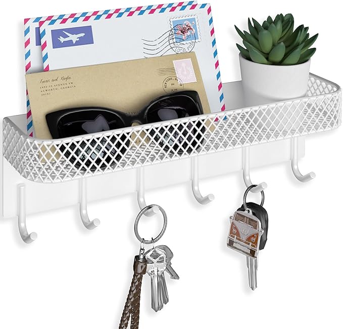Key Holder for Wall – Decorative Stainless Steel Key Hanger with 6 Hooks for Hats, Bags, Leashes – Mail Holder Key Rack with Mounting Hardware and Guide (9.65” x 2.8” x 2.2”) (White)
