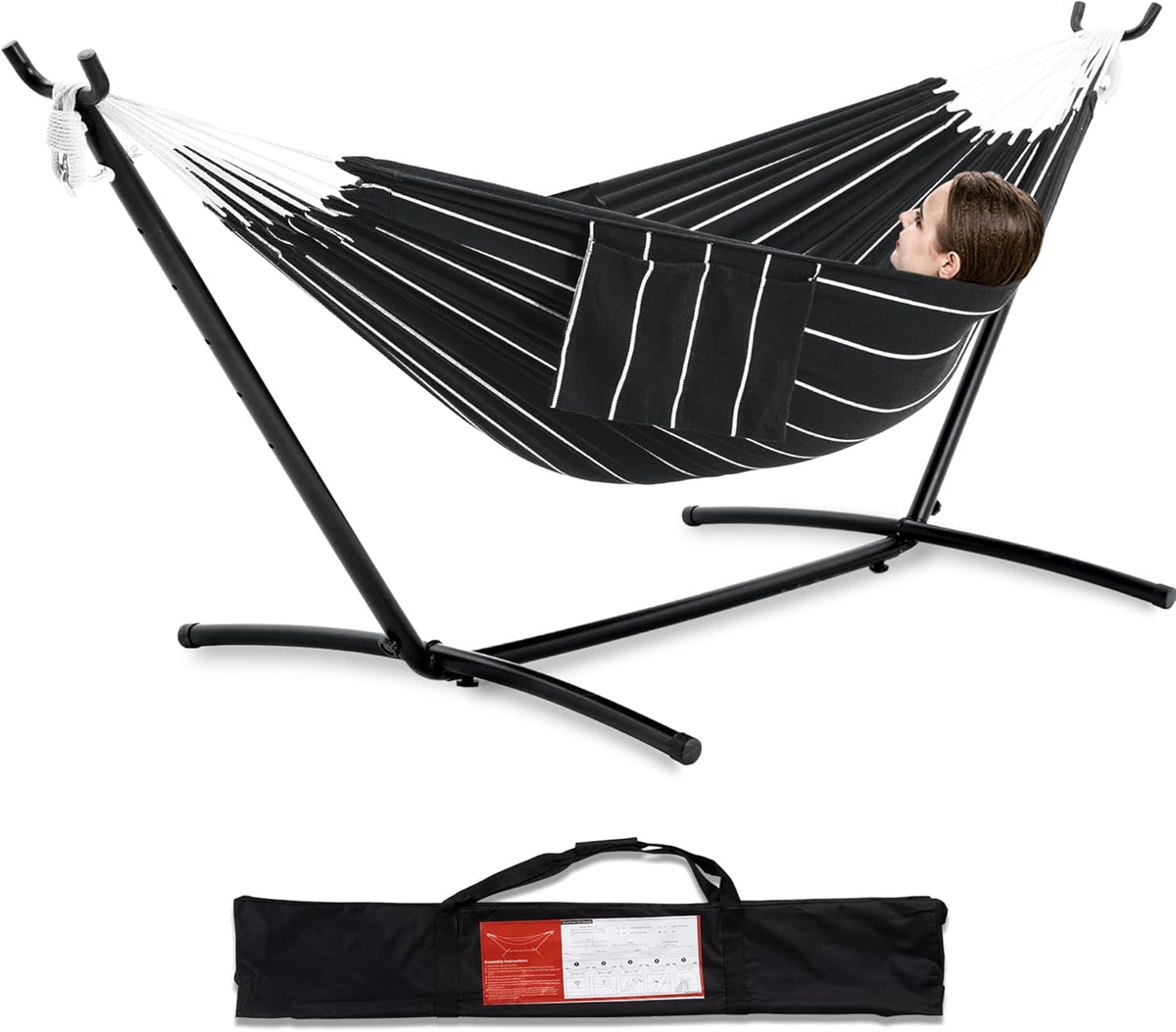 PNAEUT Double Hammocks with Stand for Outside, Portable Space Saving Heavy-Duty Steel Stand for Indoor Outdoor Patio with Carrying Bag, 450 lbs Capacity (Chasm)