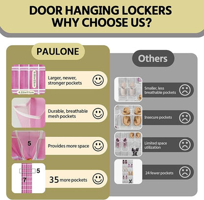 35 Pocket Over the Door Shoe Organizer,Reusable Breathable Large Mesh Bag Men's & Women's Sneaker Organizer,Shoe Organizer for Kids,Hanging Shoe Storage Hanging Bag (Pink)
