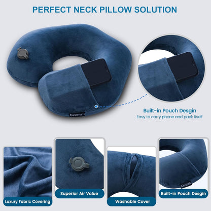 Travel Neck Pillow for Airplane, Compact Inflatable Neck Pillow for Traveling Long Flights, Adjust Firmness Neck Suport Pillow for Sleeping Plane Head Rest for Travel Accessories,Deep Blue