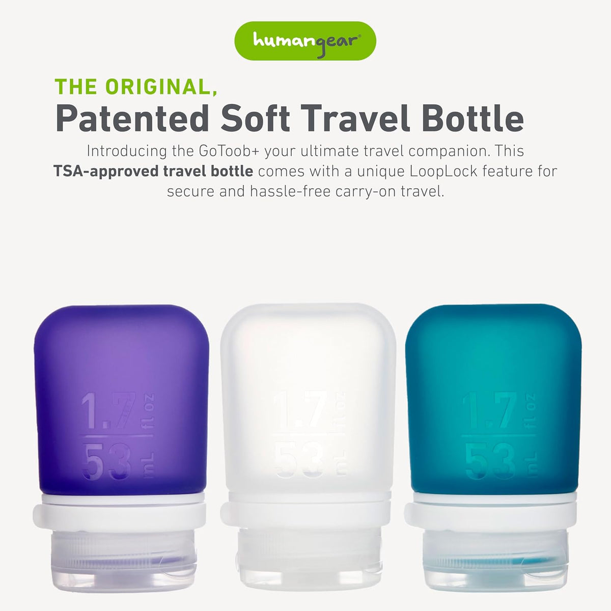 humangear GoToob+ Refillable Silicone Travel Size Bottles with Locking Cap, 3pk Set, Clear/Purple/Teal, Small (1.7 fl.oz; 53ml)