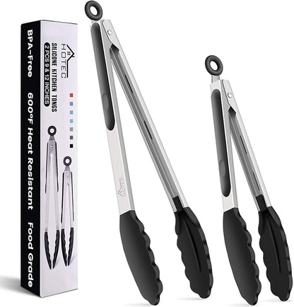 HOTEC Premium Stainless Steel Locking Kitchen Tongs with Silicon Tips, Set of 2-9" and 12"