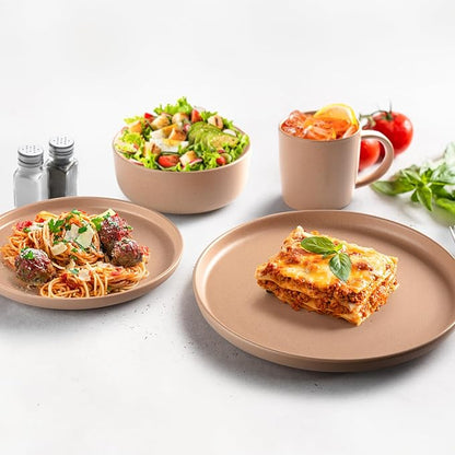 Zulay Kitchen Terra Stoneware Dinnerware Set, Artisanal Ceramic Plates and Bowls Set Crafted at 2300℉ - Service for 4, Terracotta Clay