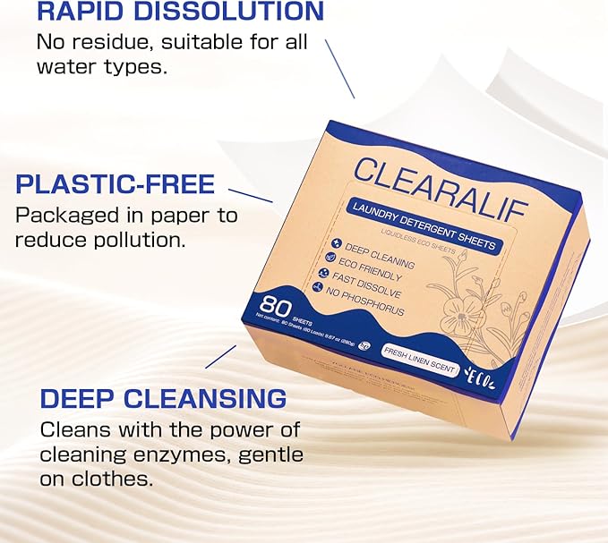Clearalif All in One Laundry Detergent Sheets Kit, Fresh Linen Scent, 160 Loads Laundry Sheets + 160 Drying Sheets, Laundry Set Great for Travel, Softener Sheets Eco Package Friendly & Hypoallergenic