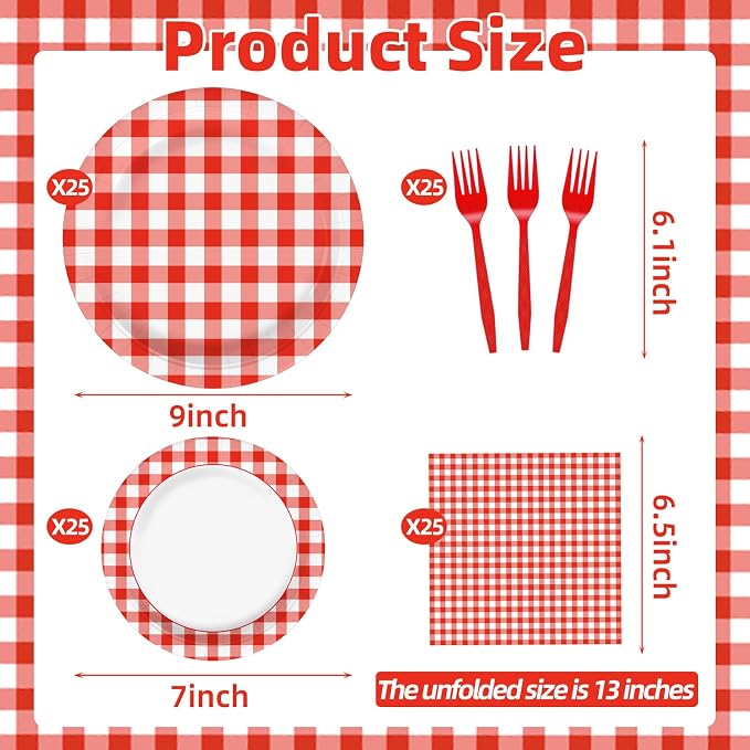 100 Pcs Red White Gingham Party Supplies Set, Serves 25 – Disposable Checkered