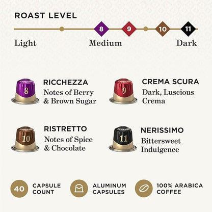 Peet's Coffee, Dark and Medium Roast Espresso Capsules Variety Pack, Compatible with Nespresso Original Machine - Intensity 8-11, 40 Count (4 Boxes of 10 Espresso Capsules)