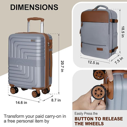Romswi Luggage Sets 2 Piece, Expandable Carry On Luggage 20In with Travel Backpack, PC+ABS Hardside Suitcase Set with TSA Lock, Durable Carry On Suitcase with Spinner Wheels Silver